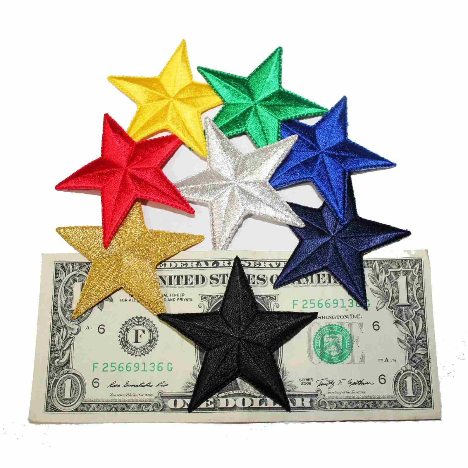 2.5 Inch Star Iron On Patches (5 Pack) on a dollar bill.