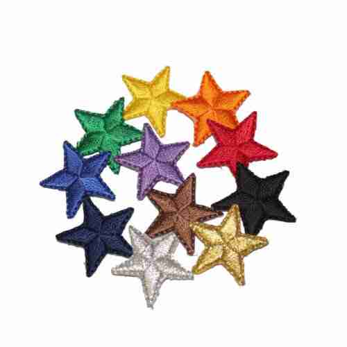 A group of 1 Inch Star Iron On Patches (10 Pack) on a white background.
