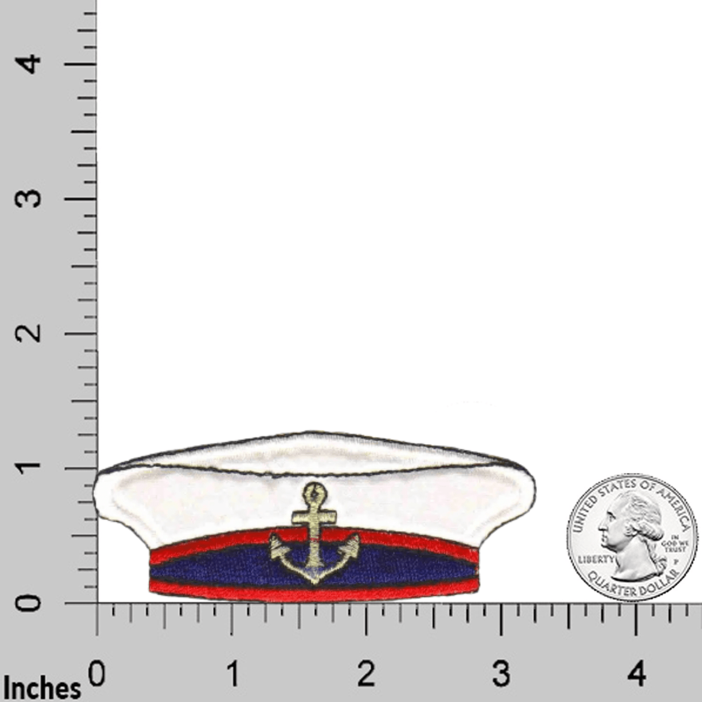 The Laughing Lizards Sailor's Hat (3-Pack) Iron on Patch features a white sailor hat with anchor, ideal for nautical-themed appliques. Shown beside a quarter and inch grid for size reference.