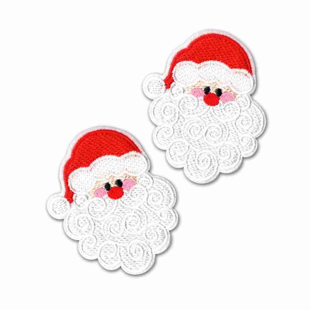 Two Santa Claus Face Patches (2 Pack) Christmas Embroidered Iron On Patch Appliques on a white background.