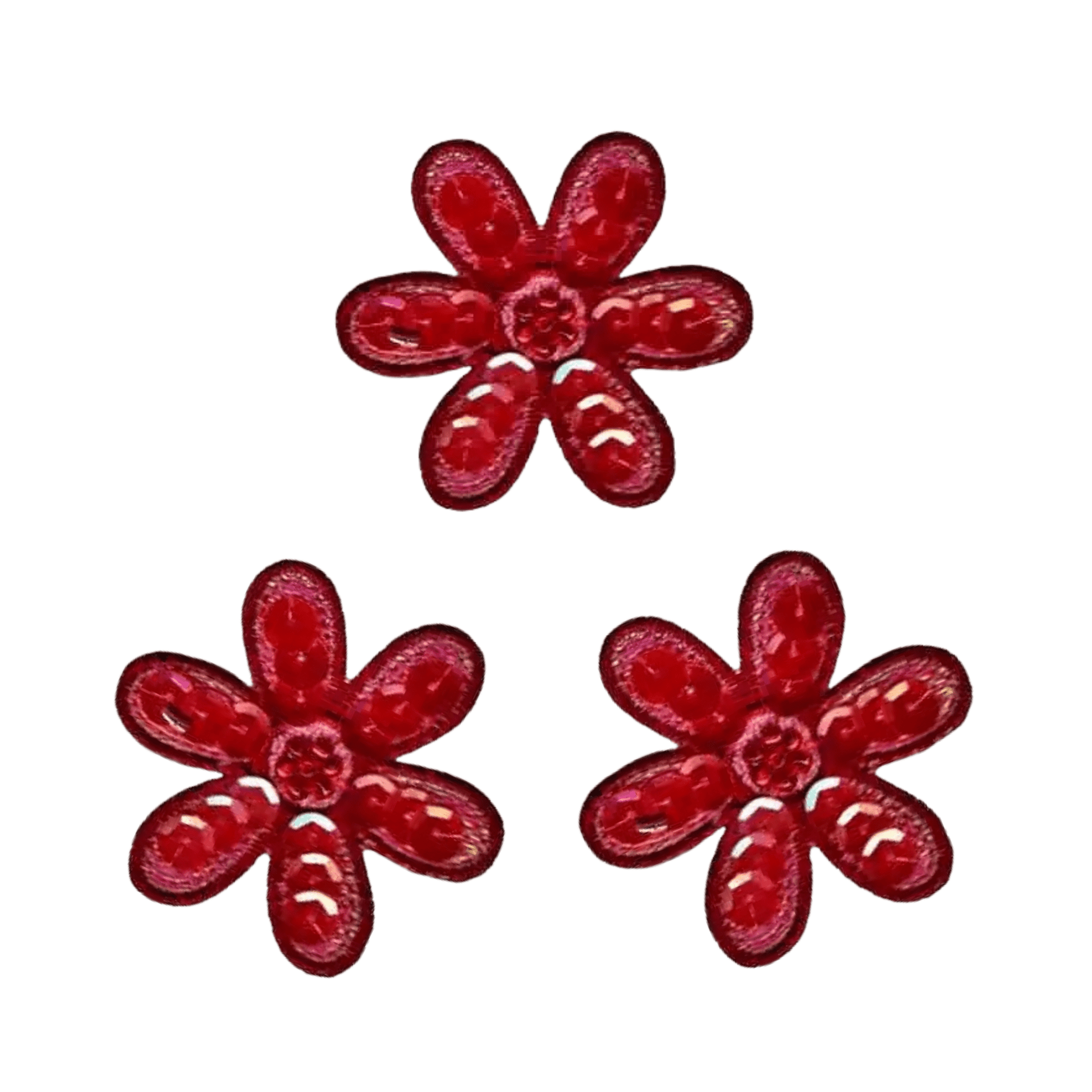 Add vibrant flair to DIY projects with Laughing Lizards' Sequin Daisy (3-Pack) Iron On Floral Patch—three red, six-petaled daisies in a triangle on white, perfect for crafts or as standout floral accents.