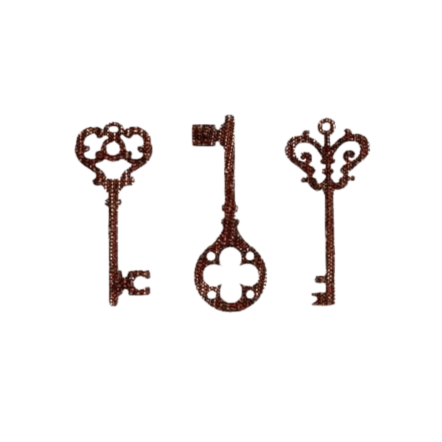 The Laughing Lizards Set of Three Embroidered Keys (2-Pack) Iron On Patch features vintage-style key designs, perfect for DIY craft projects as a decorative applique or iron-on patch.