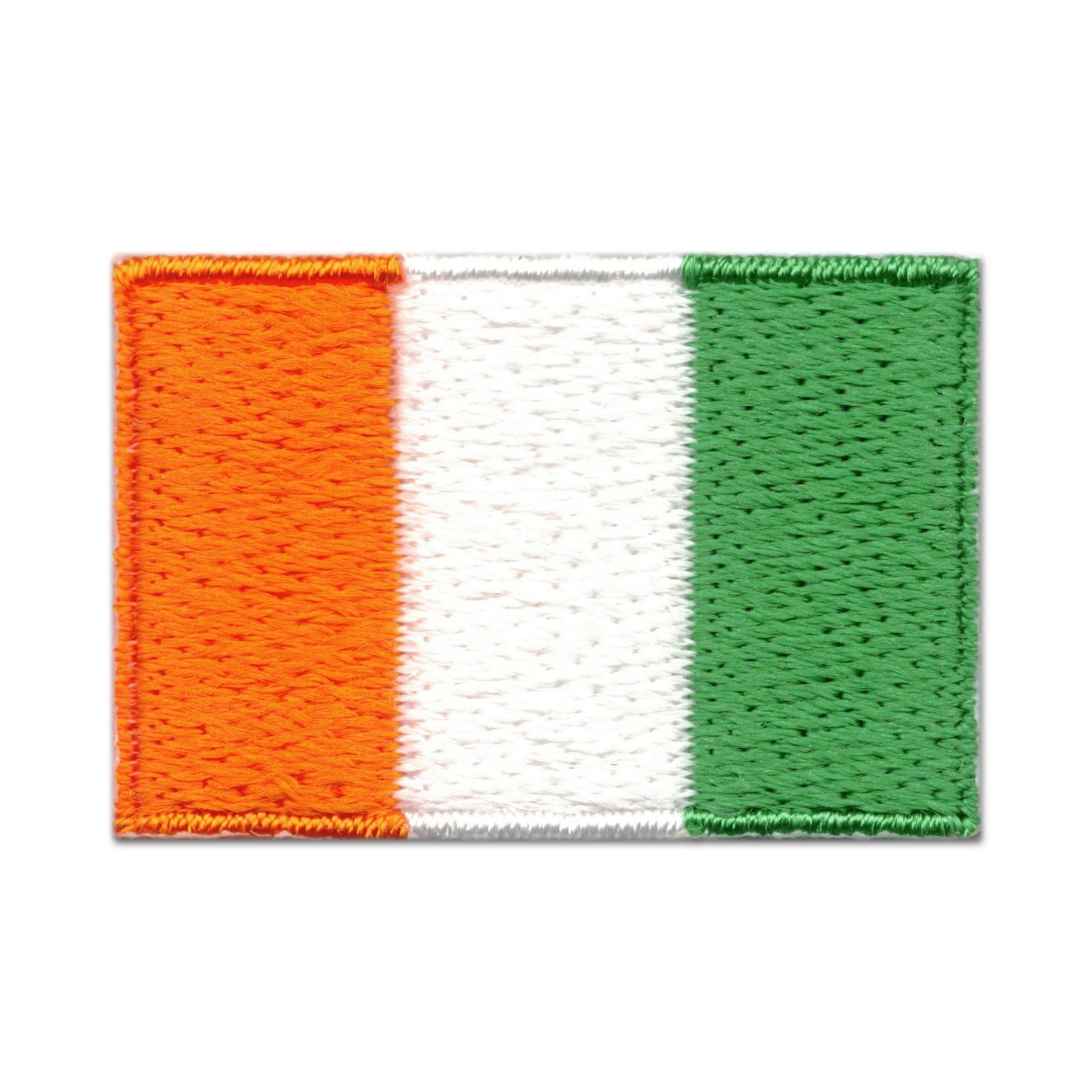 The Laughing Lizards Small Irish Flag Patch (5-Pack) features embroidered green, white, and orange vertical stripes. These 1"x1.5" iron-on patches are perfect for jackets, bags, or hats.