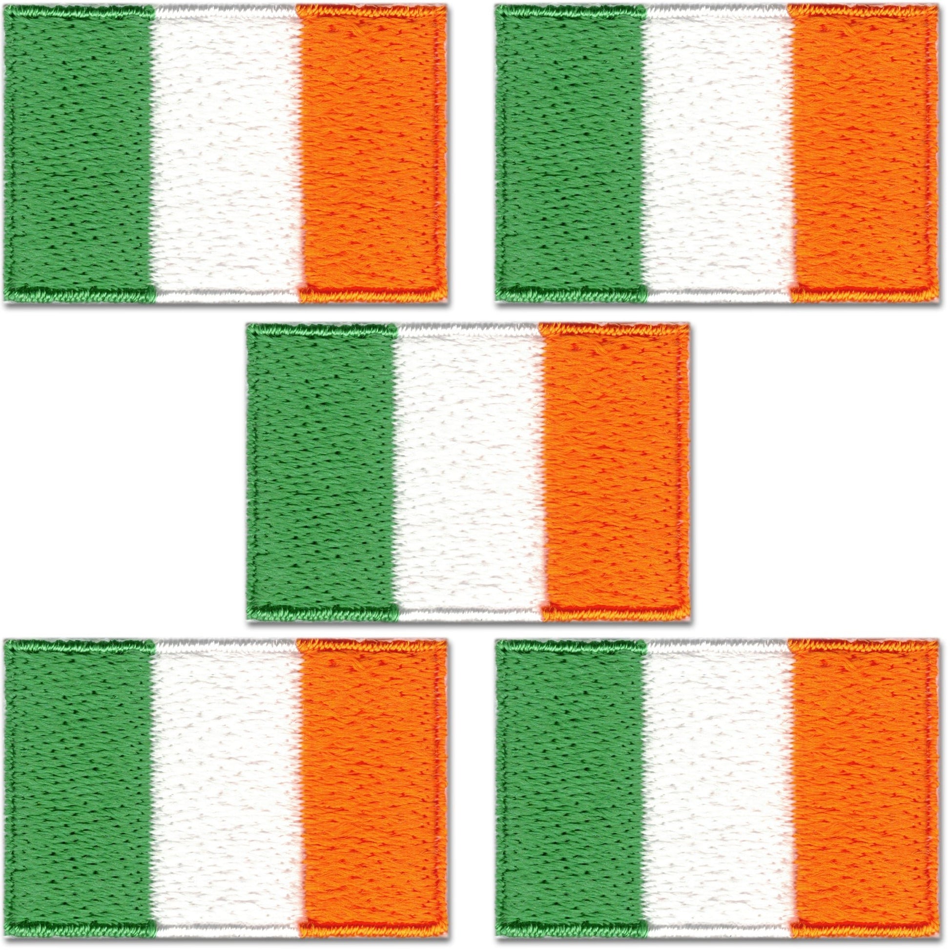 Get five Laughing Lizards Small Irish Flag Patches (1"x1.5") with vertical green, white, and orange stripes. These embroidered iron-on patches are ideal for collections or customizing clothing and accessories.