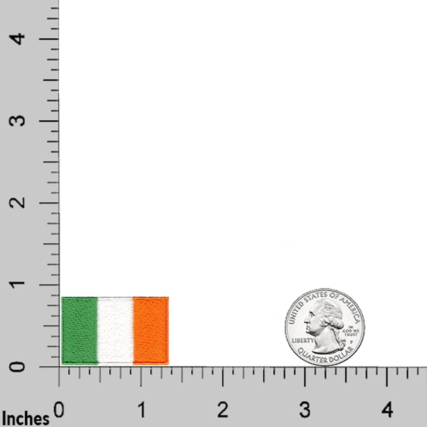 A Small Irish Flag Patch (1"x1.5") from Laughing Lizards is shown with a U.S. quarter on a ruler for size comparison. This embroidered iron-on patch comes in a 5-pack and is perfect for jackets, bags, or hats.