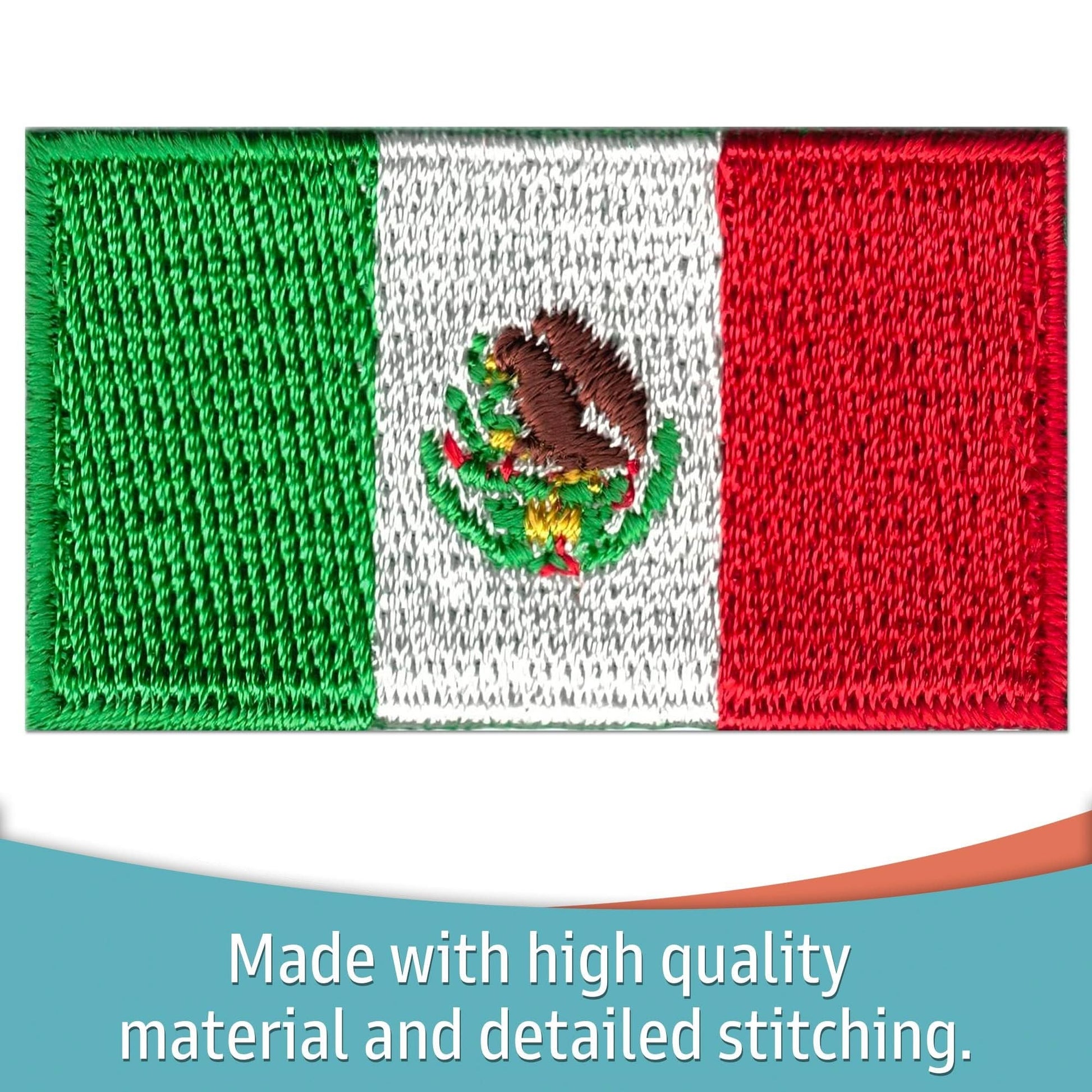 Laughing Lizards Small Mexican Flag Patch (5-Pack) features embroidered green, white, and red stripes with the emblem center. Durable iron-on appliques with detailed stitching; perfect for bags, jackets, and more.