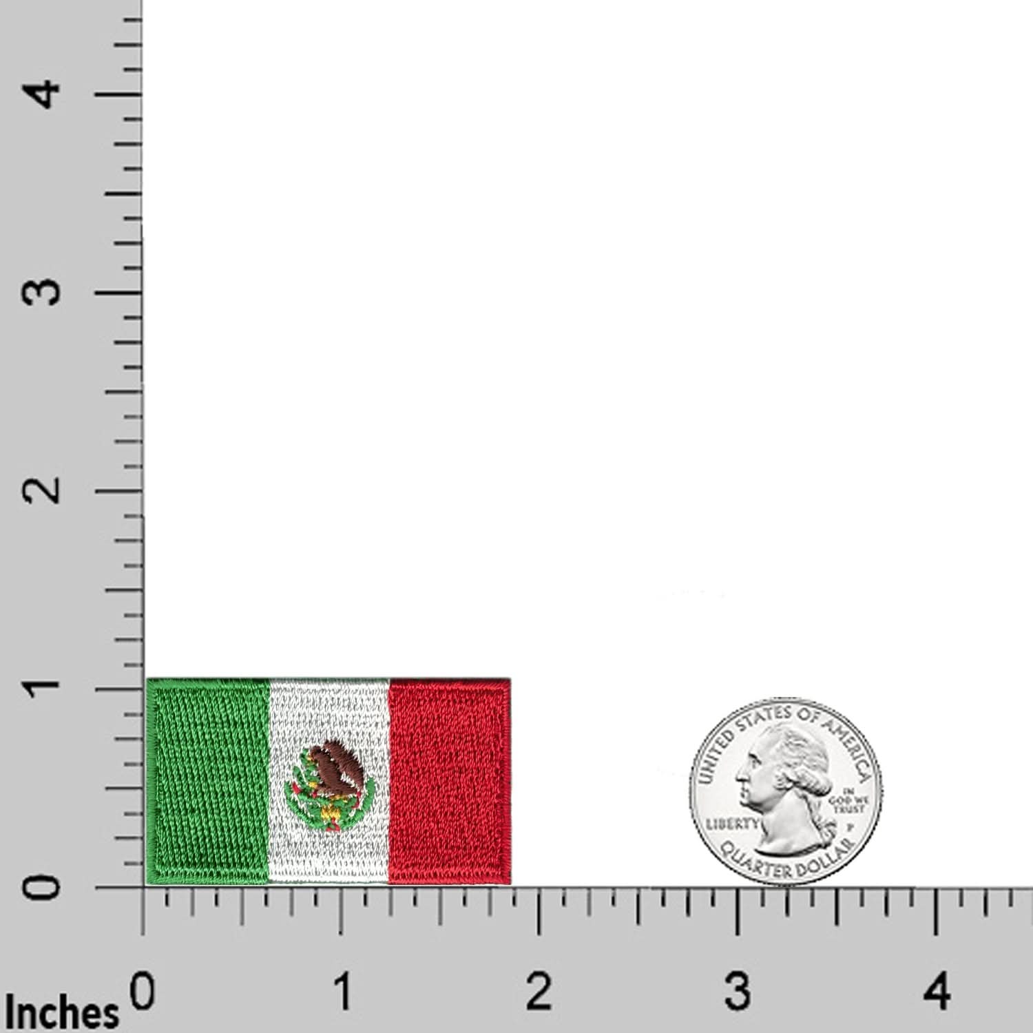 The Laughing Lizards Small Mexican Flag Patch (5-Pack) is shown next to a U.S. quarter and ruler for size comparison, making it a perfect embroidered iron on patch applique for jackets or bags.