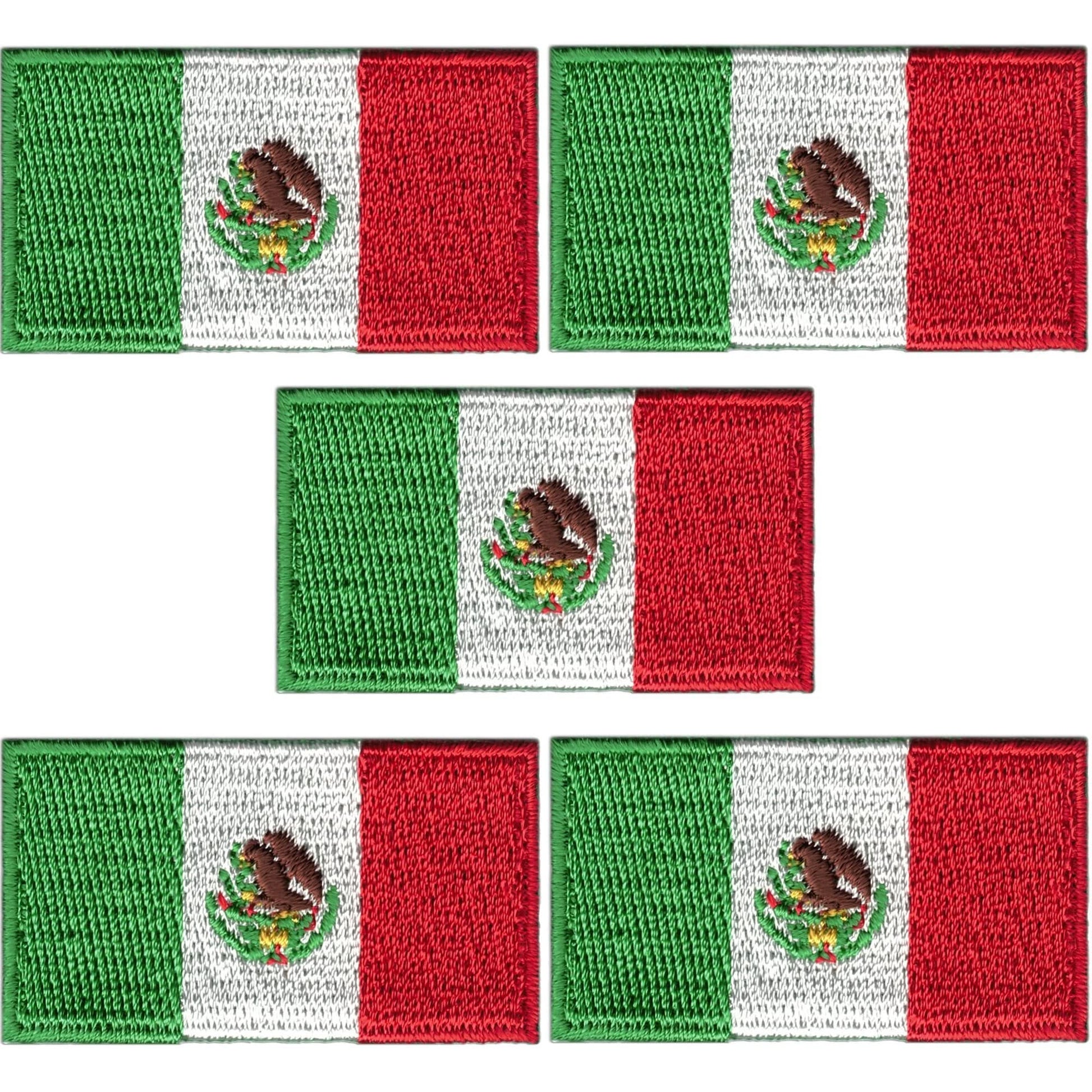 The Laughing Lizards Small Mexican Flag Patch (5-Pack) features embroidered patches with green, white, and red stripes and a central eagle emblem. Perfect as iron-on appliques for clothing or accessories.