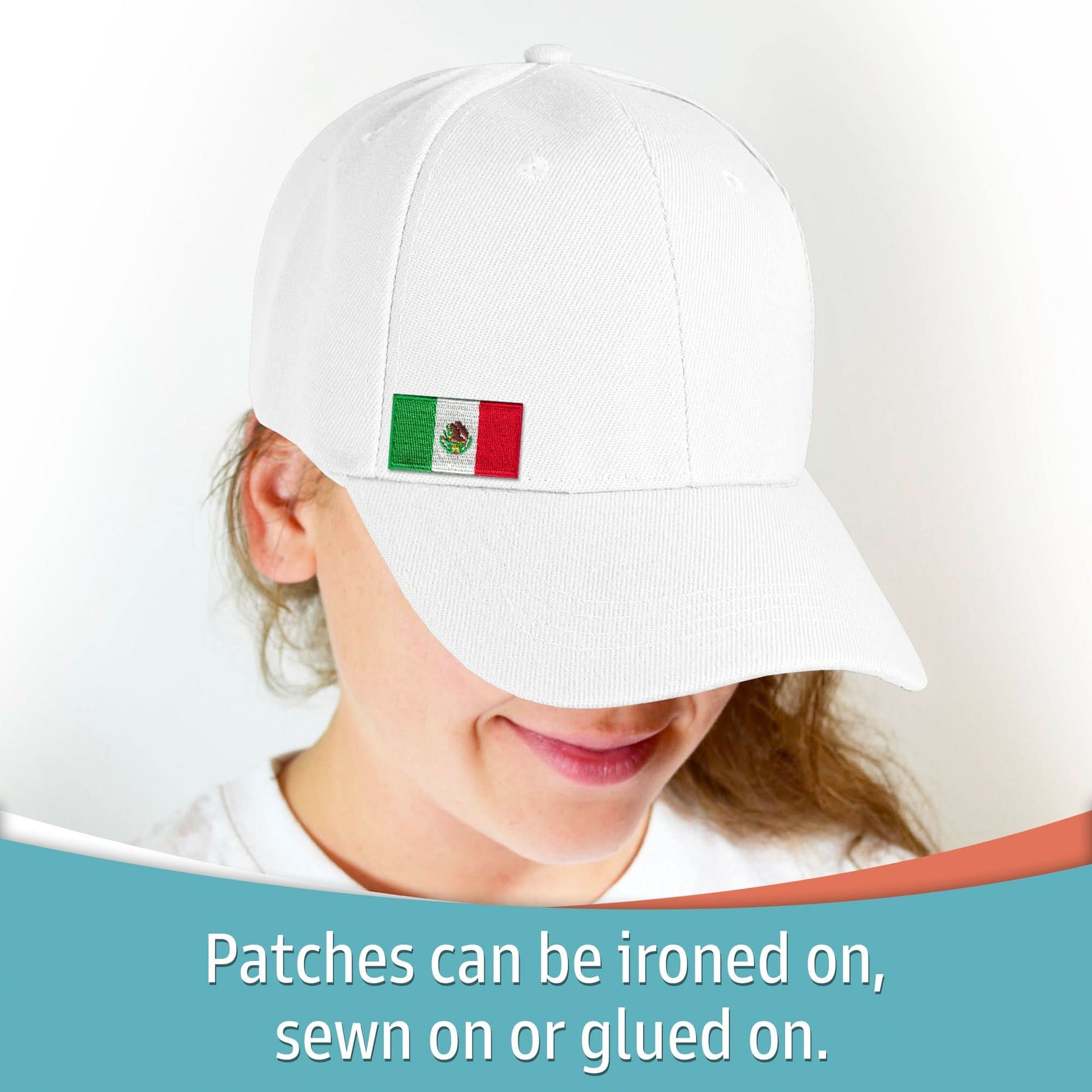 A person wears a Laughing Lizards Small Mexican Flag Patch (5-Pack) on a white baseball cap; these embroidered patches can be ironed on, sewn on, or glued.