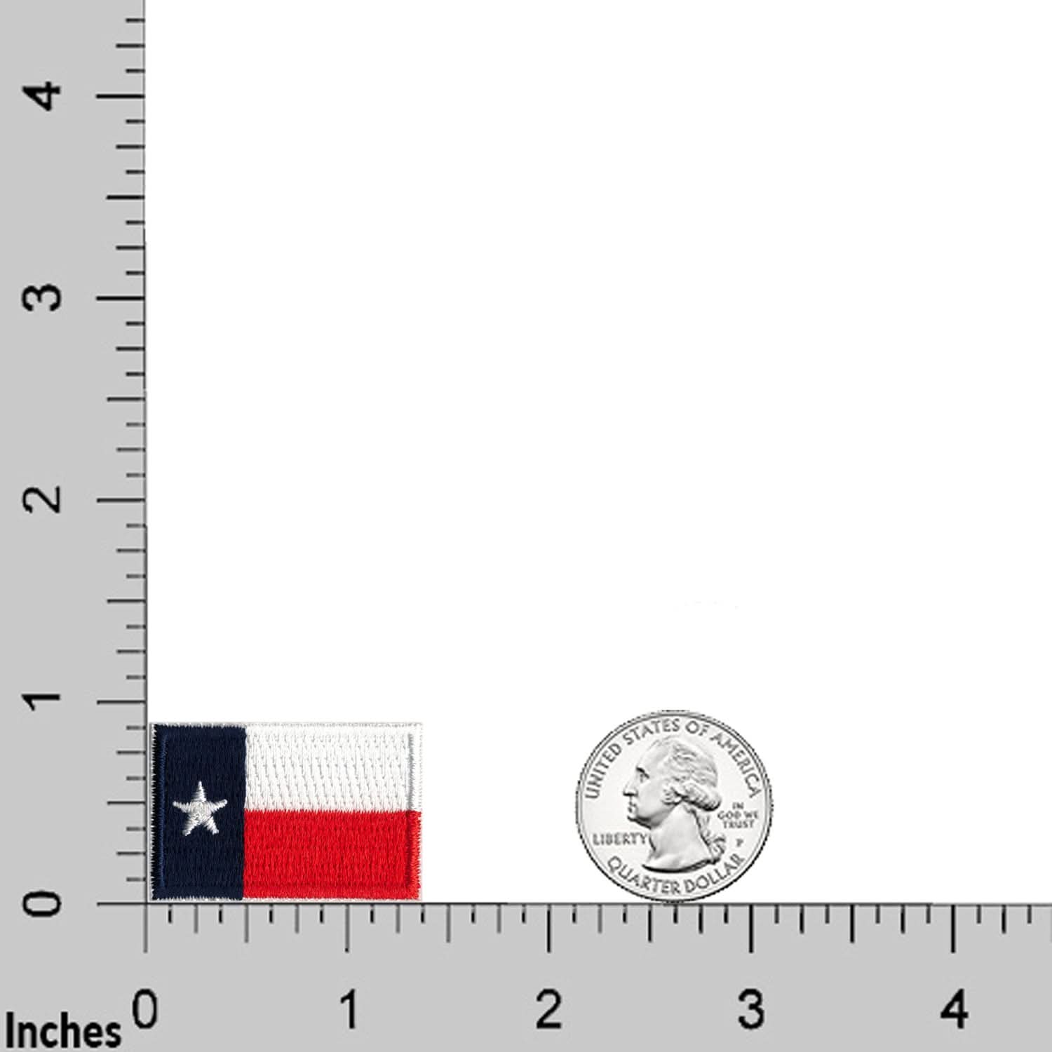 A Laughing Lizards Small Texas Flag Patch from the 10-Pack is shown beside a U.S. quarter on a grid with inch markings for size comparison.