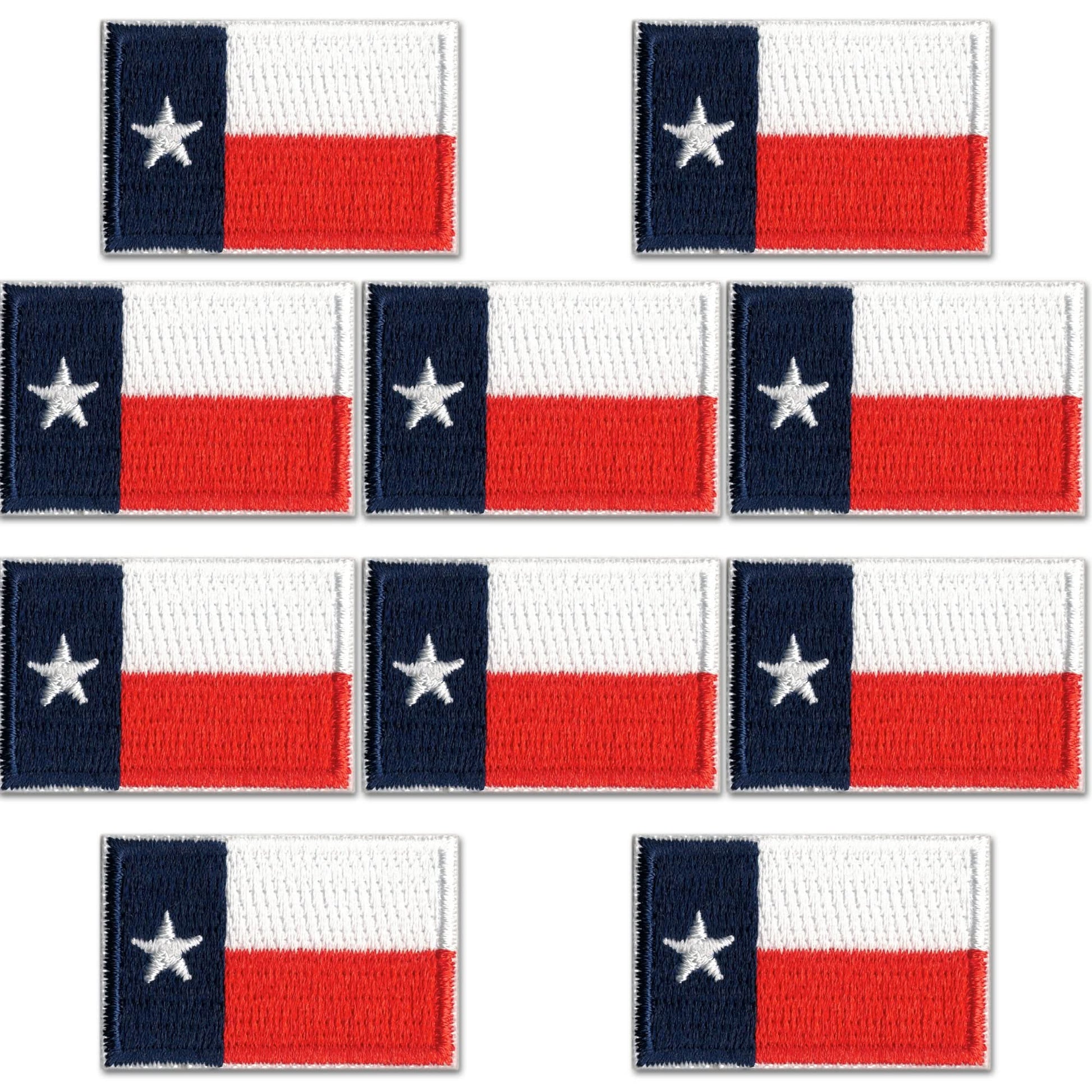 Ten Laughing Lizards Small Texas Flag Patch (10-Pack) embroidered iron-on patches are arranged in a grid pattern on a white background.