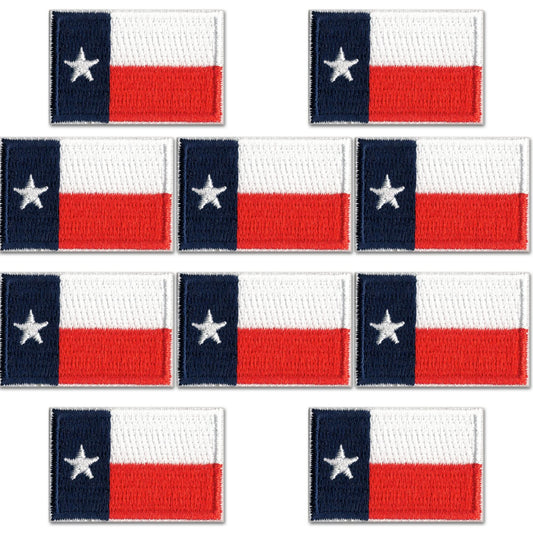 Ten Laughing Lizards Small Texas Flag Patch (10-Pack) embroidered iron-on patches are arranged in a grid pattern on a white background.