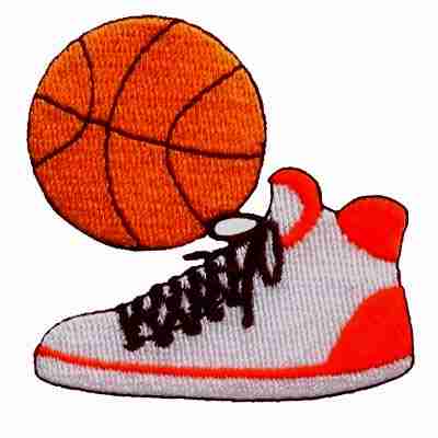 Laughing Lizards Sneaker & Ball Patches (2-Pack)—sports embroidered iron-on patches featuring a basketball and high-top sneaker—perfect for jackets, backpacks, or hats.