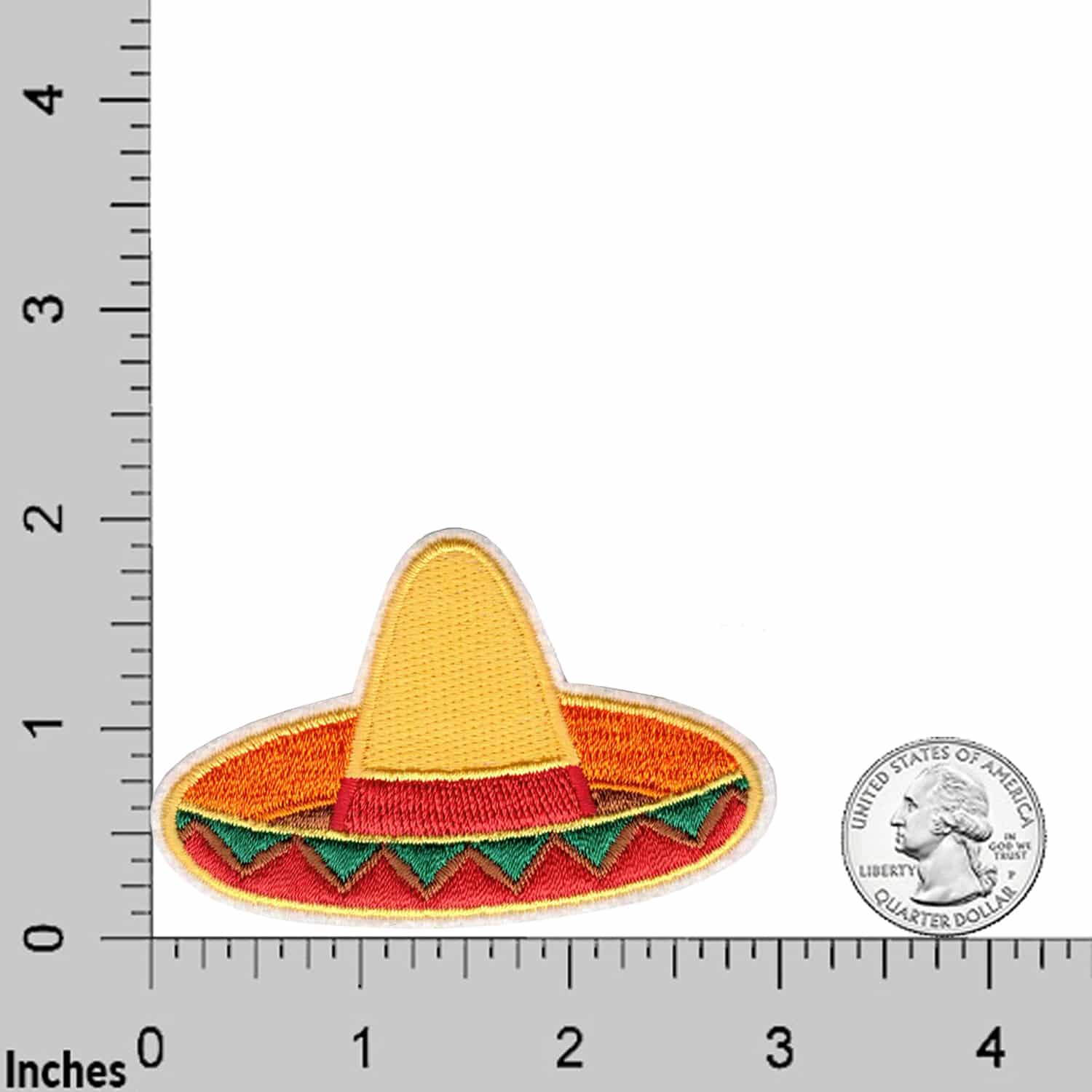 The Laughing Lizards Sombrero Mexican Hat (2-Pack) Embroidered Iron on Patch Applique is shown beside a U.S. quarter and ruler for scale, measuring about 3" wide by 1.5" tall—ideal for DIY projects.