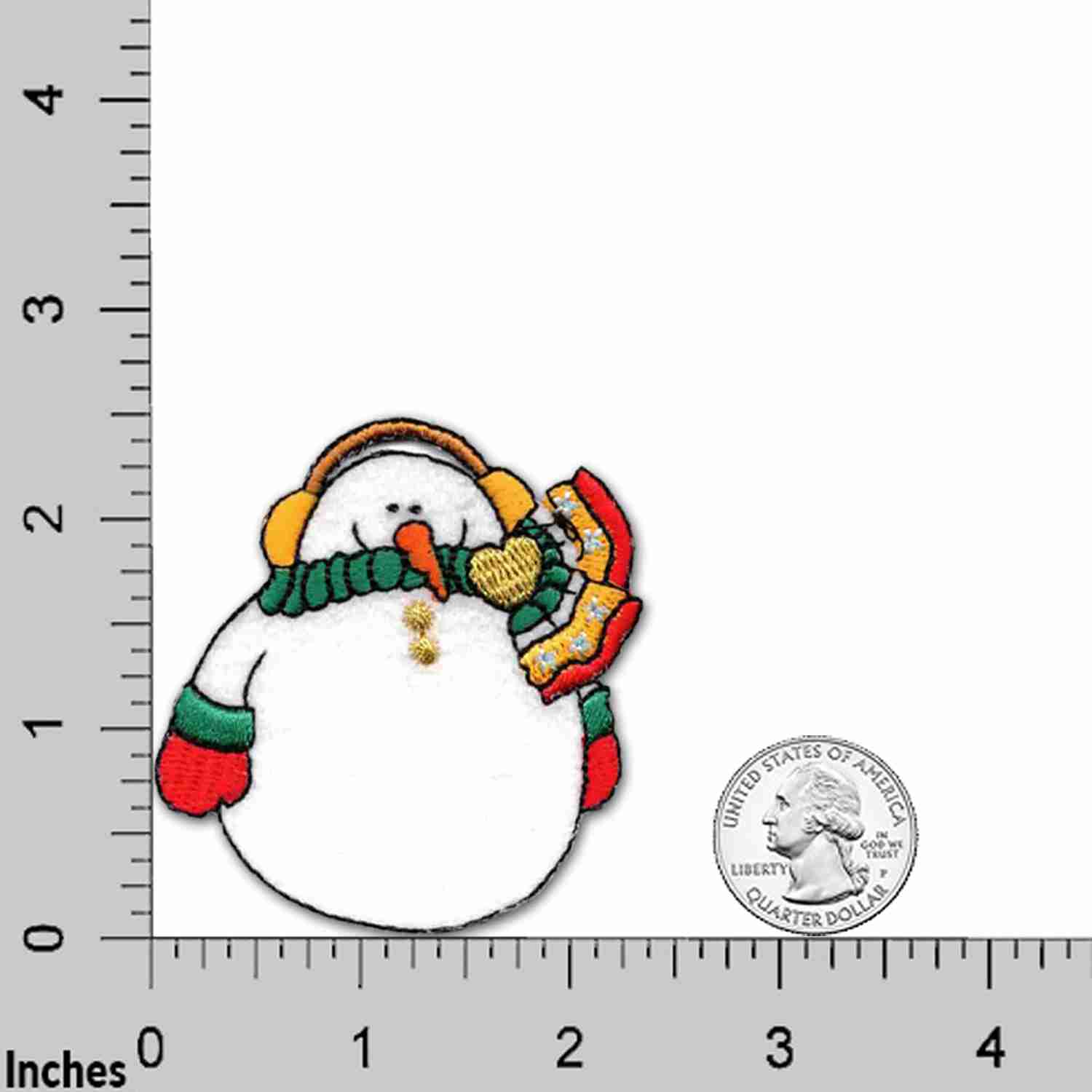A Snowman Patches (2-Pack) Christmas Embroidered Iron On Patch Applique with a scarf and hat is shown next to a ruler.