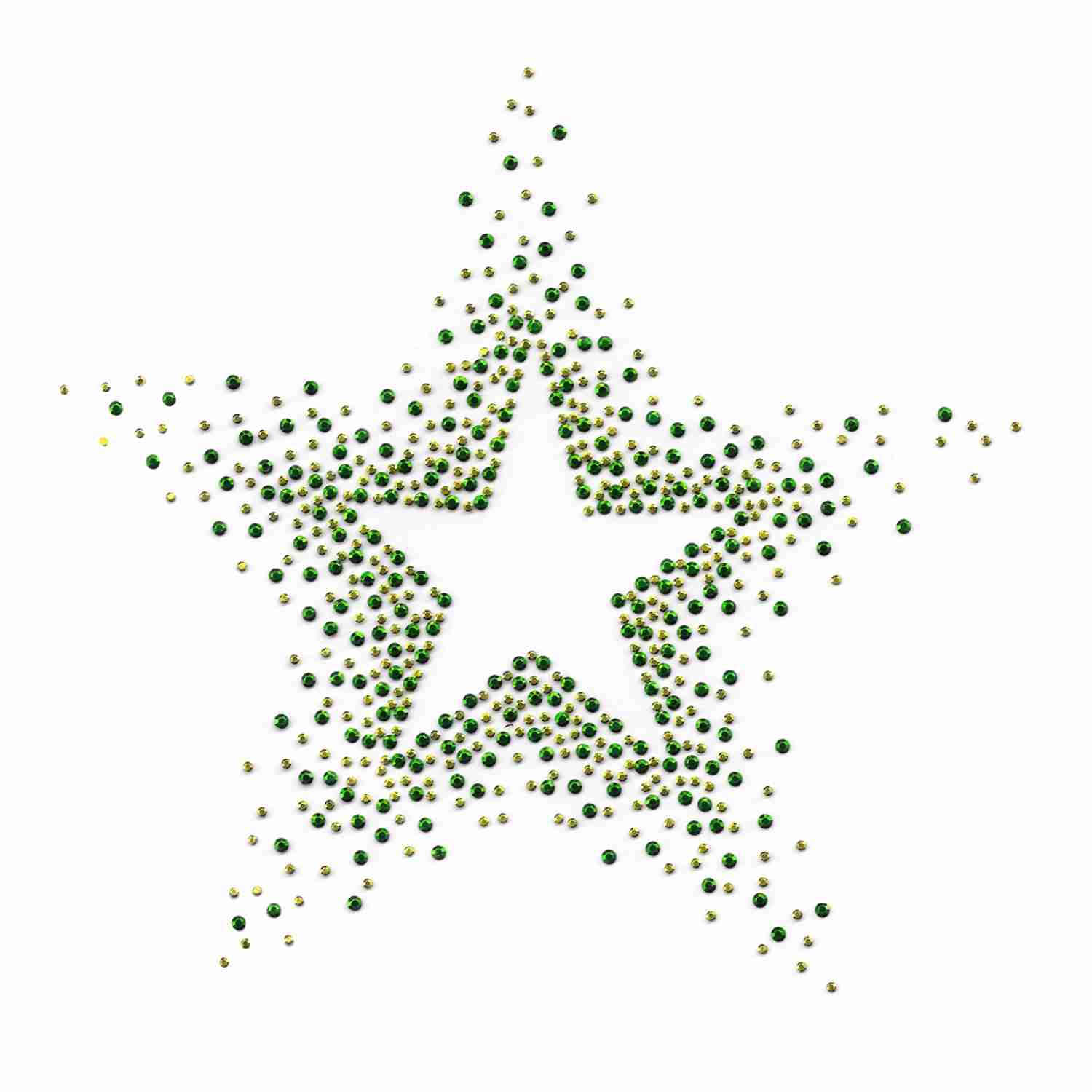 A Large 7.5" Rhinestone Starburst Iron On Applique: Multiple Colors made of green dots on a white background.