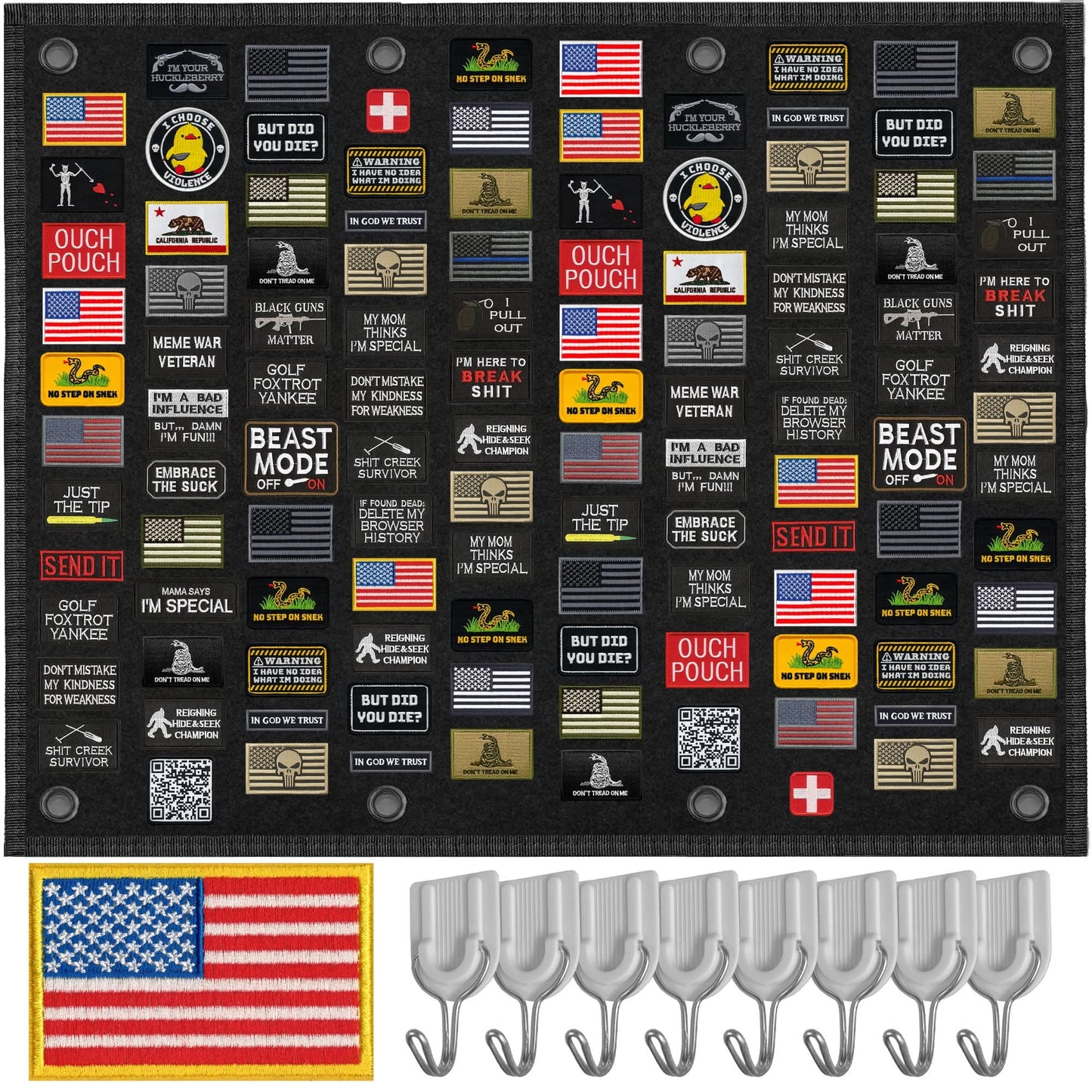 A collection of assorted moral patches displayed on a black background, an embroidered American flag patch, and five metal hooks.