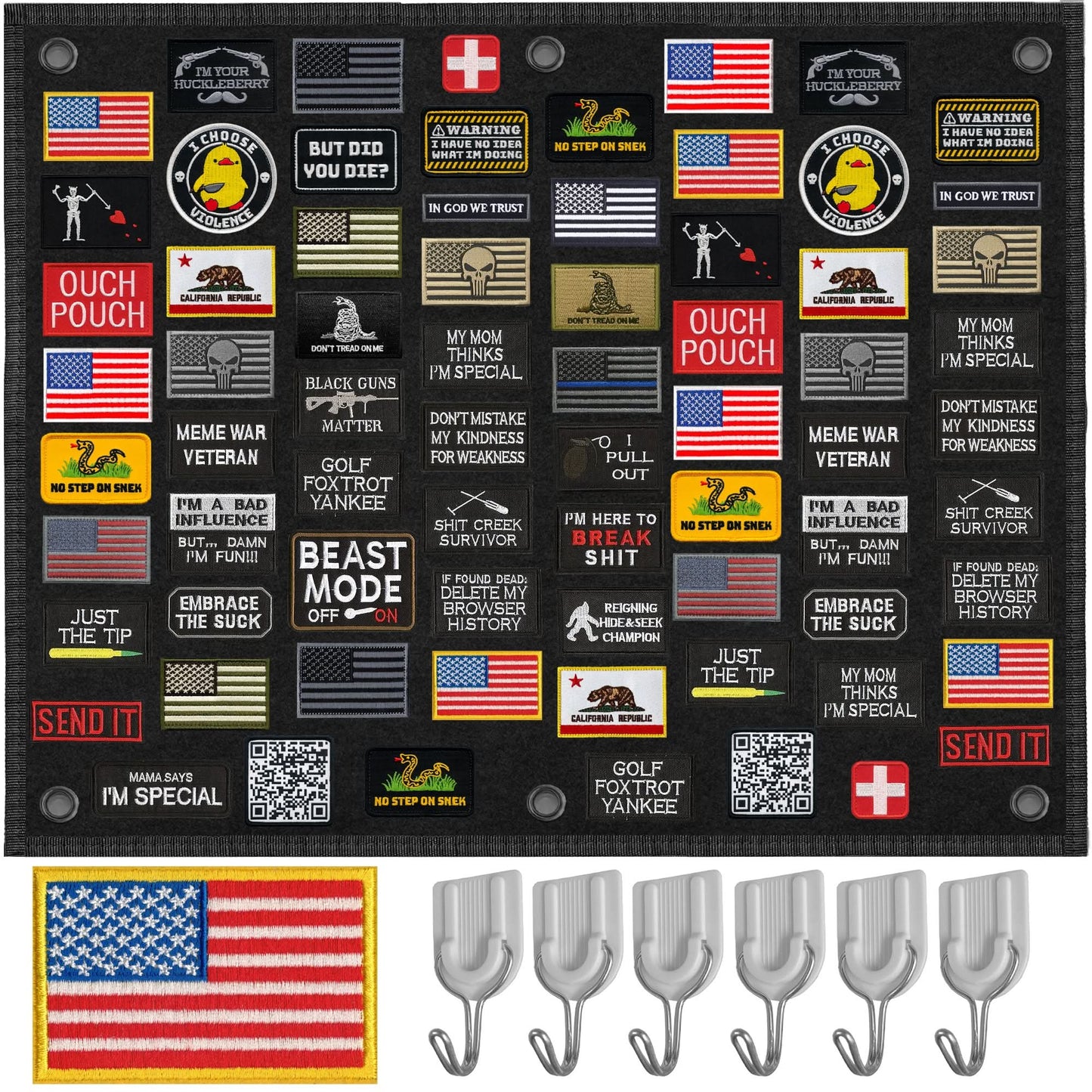 A collection of various humorous and patriotic patches with different sayings and designs, displayed on a black board. Includes hooks and an American flag patch.