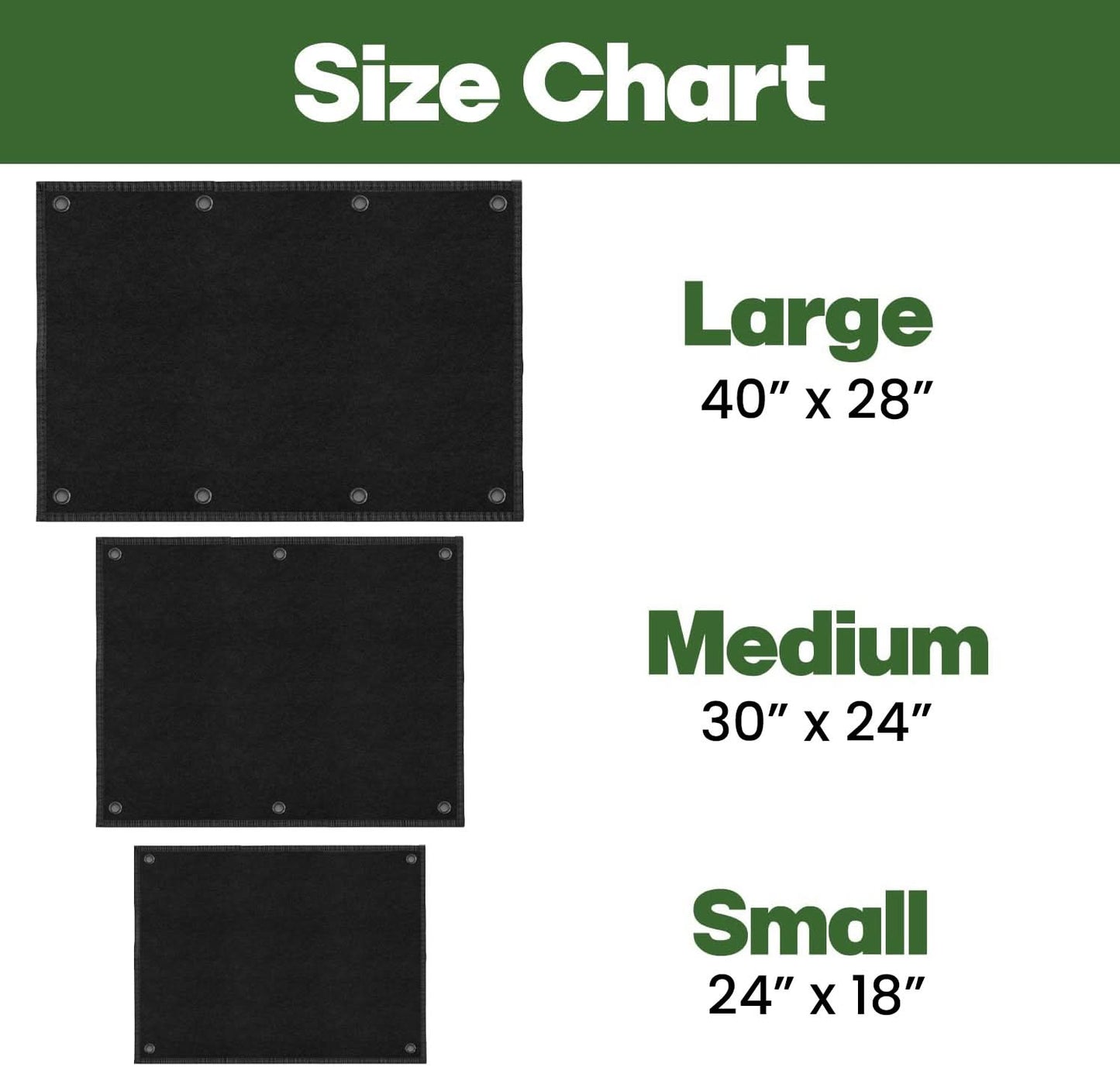 The size chart for the Tactical Patch Display Board Holder for Military Army Combat Uniform Morale Emblems, Hook and Loop showcases three sizes: Large (40" x 28"), Medium (30" x 24"), and Small (24" x 18"), each with a representative image.