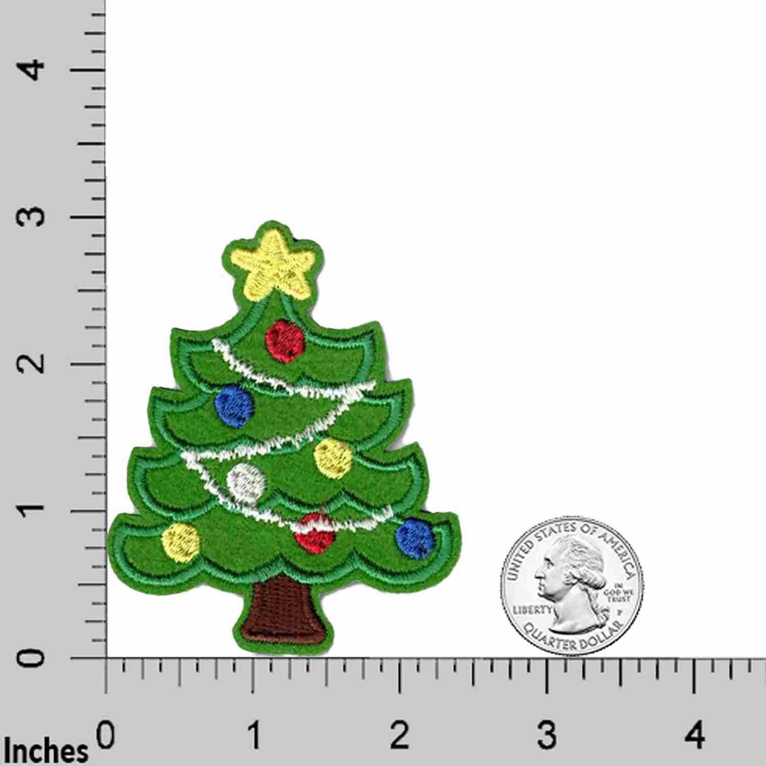 A Christmas Tree Patches (2 Pack) Christmas Embroidered Iron On Patch Applique is shown next to a ruler.