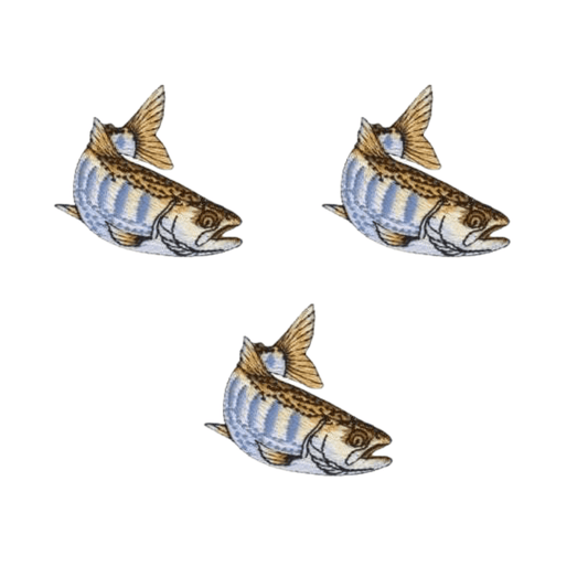 Four Trout Patches (3-Pack) Fish Embroidered Iron On Patch Appliques on a white background.