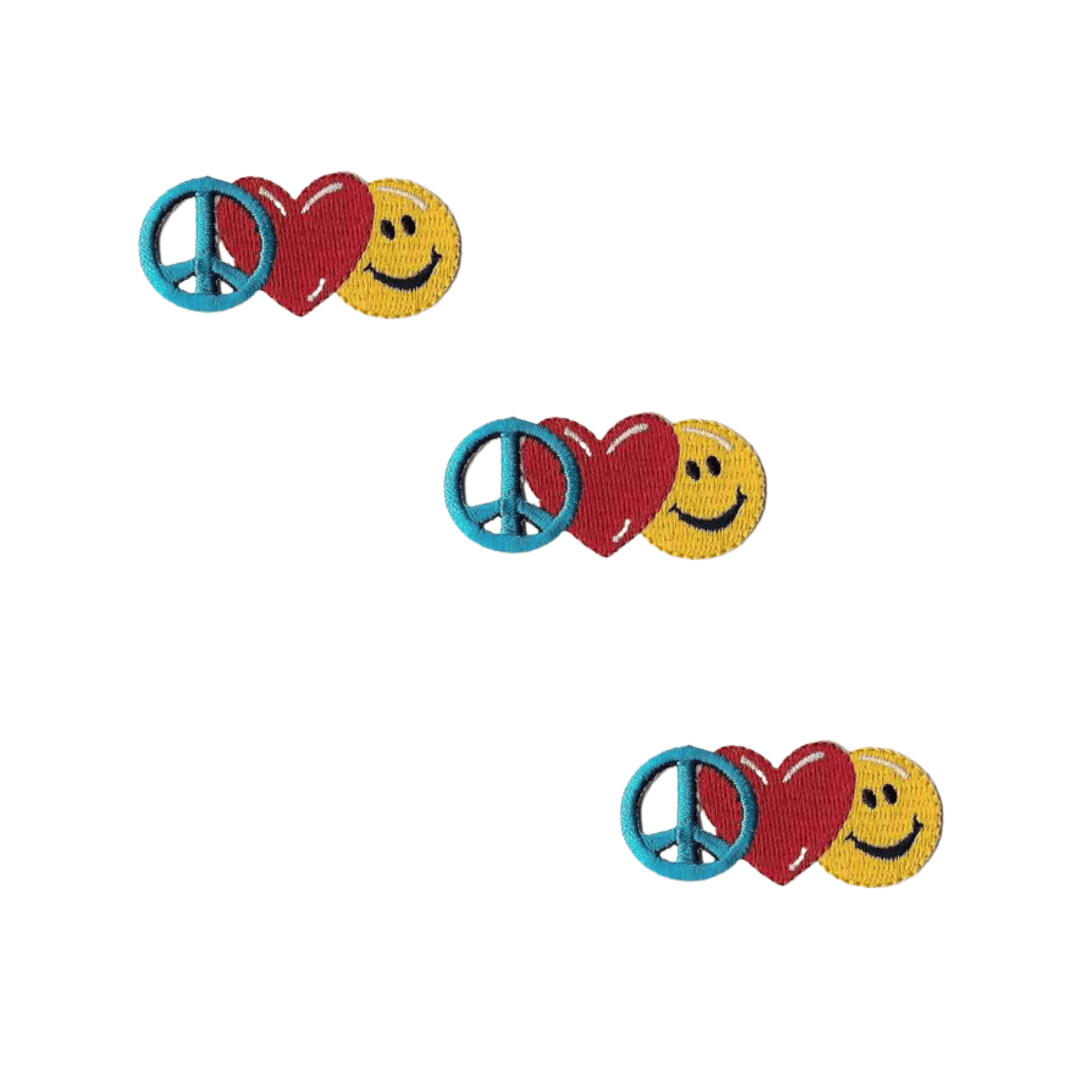 Laughing Lizards' Peace Sign, Heart and Smiley Face (3-Pack) Iron On Patch—small, embroidered patches in blue, red, and yellow—are perfect DIY craft accessories for customizing clothes or bags.