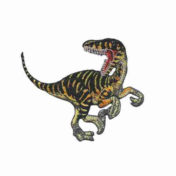 A Velociraptor Dinosaur Patches (2-Pack) Dinosaur Embroidered Iron on Patch Appliques with its mouth open on a white background.