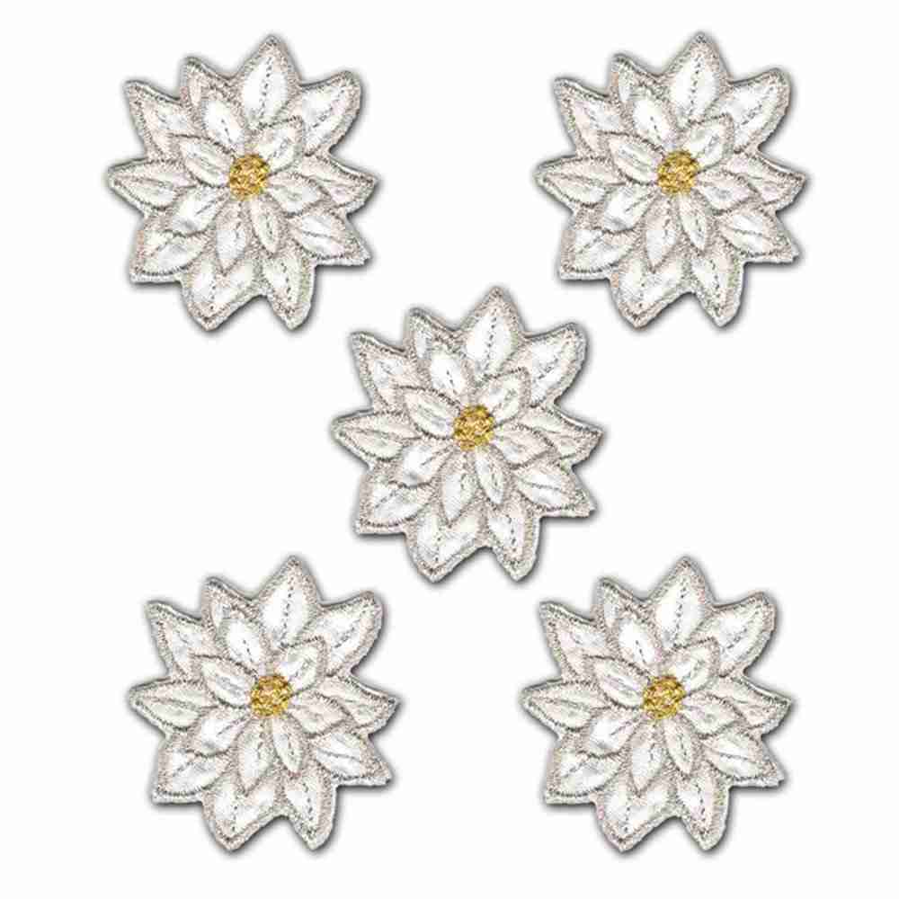 Four (5 Pack) Christmas Sparkly Layered Poinsettia Iron On Patch in White appliques on a white background.