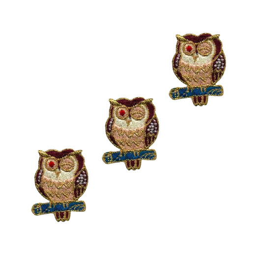 Three Winking Owl Patches (3-Packs) Animal Embroidered Iron on Patch Appliques on a white background.